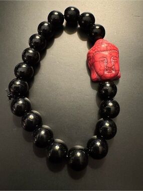 Black Onyx Style Stone Bead Red Buddha Stretch Bracelet